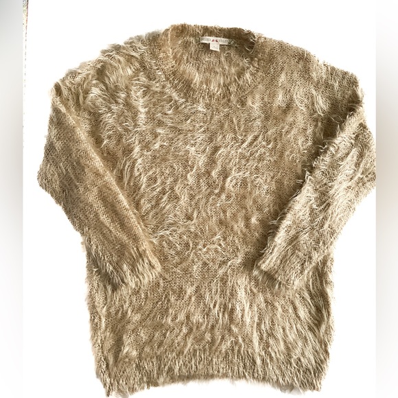 Chelsea & Violet Fuzzy Sweater Taupe Gold Crew Neck Sequin Pullover Women Large - Picture 3 of 10